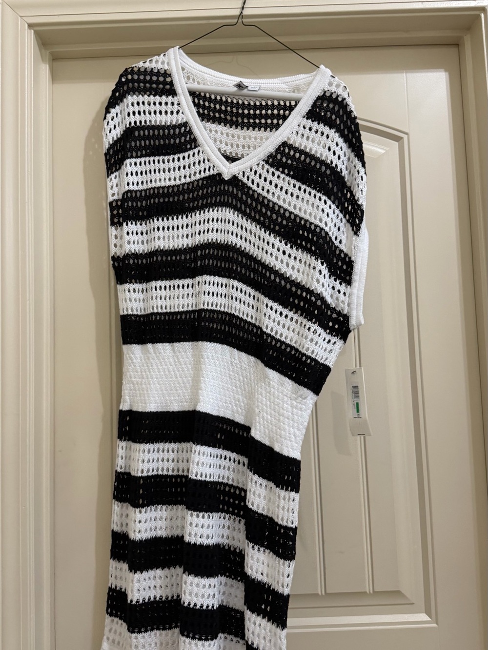 DKNY Black & White Striped Crochet Swim Coverup